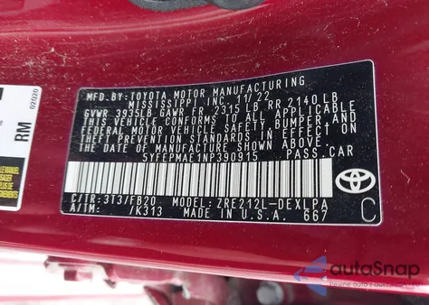 2022 Toyota Corolla Le from USA, damaged, VIN 5YFEPMAE1NP390915